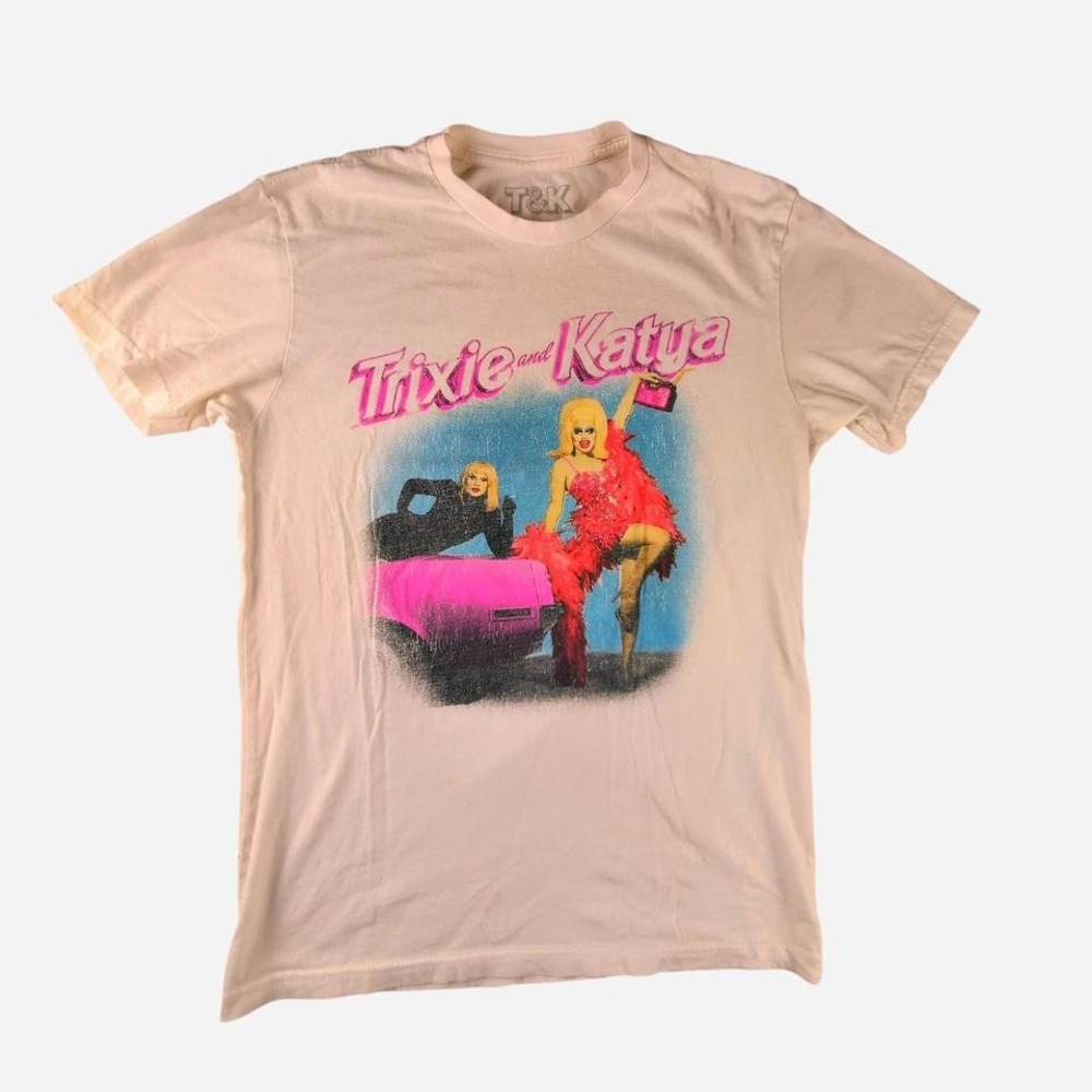 Trixie and Katya Faded White Cotton Tee, Size S Flaw Kawaii Pastel Drag